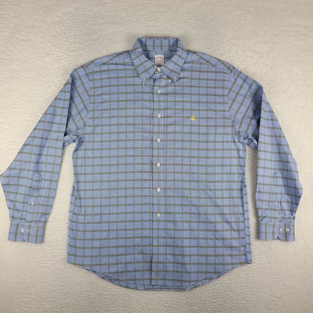 Brooks Brothers Dress‎ Shirt Mens Large Blue Yellow Oxford Non Iron Button Up